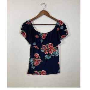 Sweet Wanderer Off Shoulder Ruffle Floral Print Navy Blue Top Womens Large